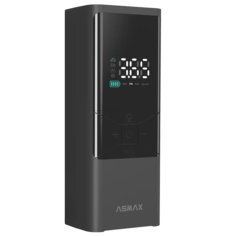 Compresseur-Gonfleur-Pompe Portable Universel Asmax T40 Digital 150 Psi 10 Bars Max (Fonction Power Bank, Éclairage, Detection Pression Pneu, Pré-Réglage De La Pression, Arret Automatique)