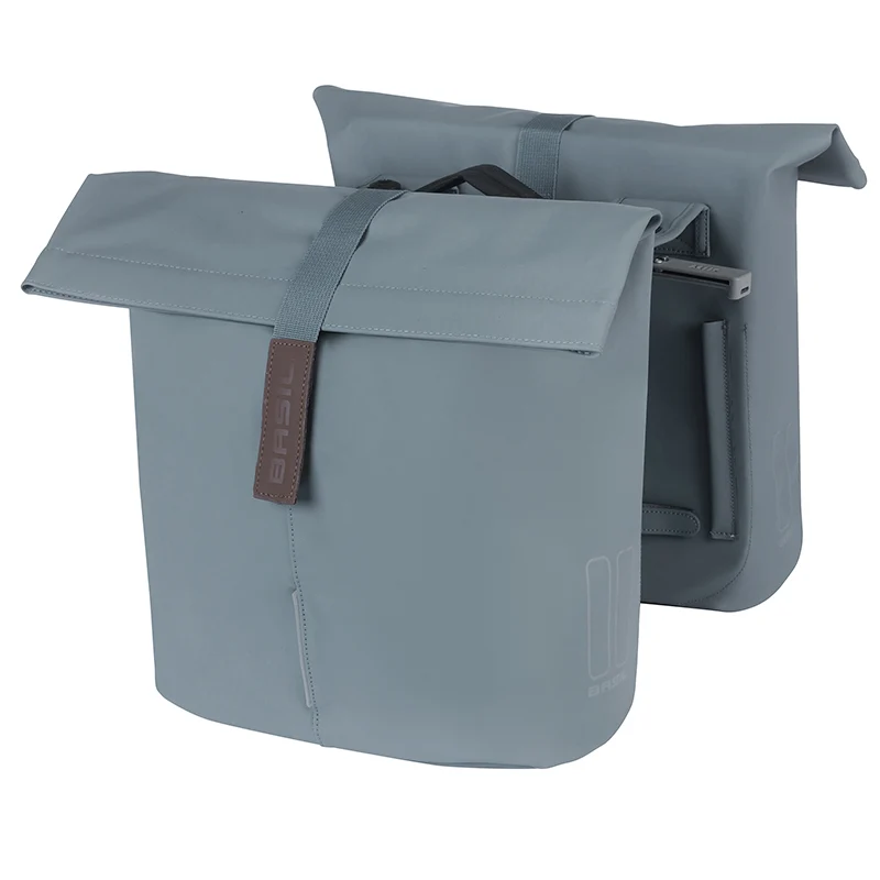 Sacoche Arrière Vélo Double Basil Vegan Bleu Imitation Cuir 28-32L Fixation Porte Bagage Fermeture Pliant Anti-Pluie Avec Reflechissant Fixation Systeme Mik (Compatible Avec 157030 Inclus)