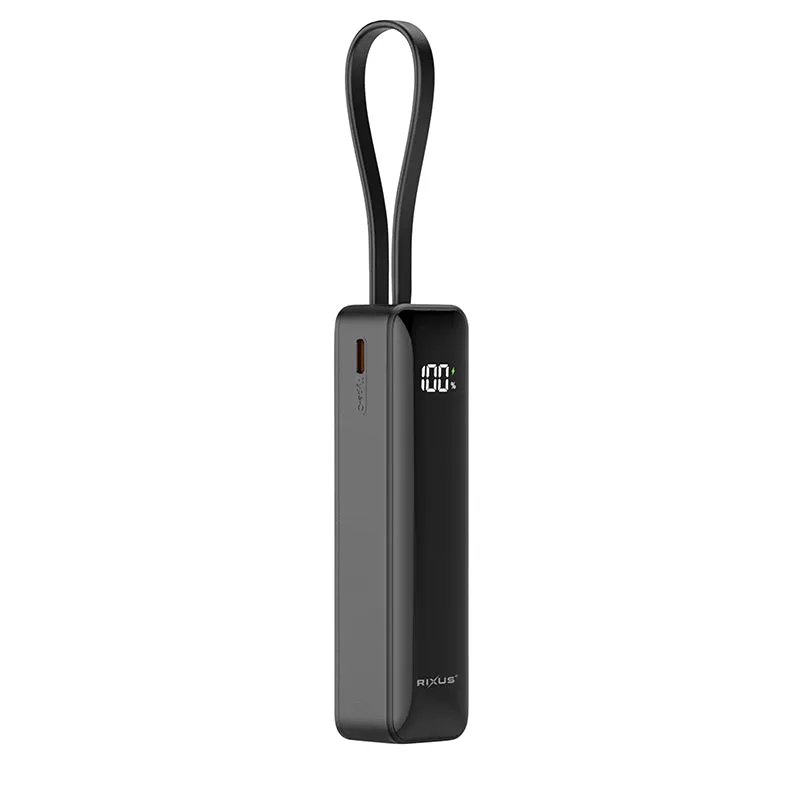 Batterie Externe Power Bank Rixus 5000 Mah 5V Noir Avec Indicateur De Batterie, Sangle De Transport Compatible Usb-C - Usb-A -Rxpb03-