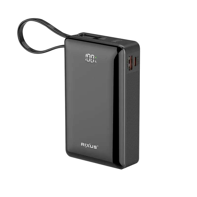Batterie Externe Power Bank Rixus 20000 Mah 5V Noir Avec Indicateur De Batterie, Sangle De Transport Compatible Usb-C - Usb-A -Rxbp02-