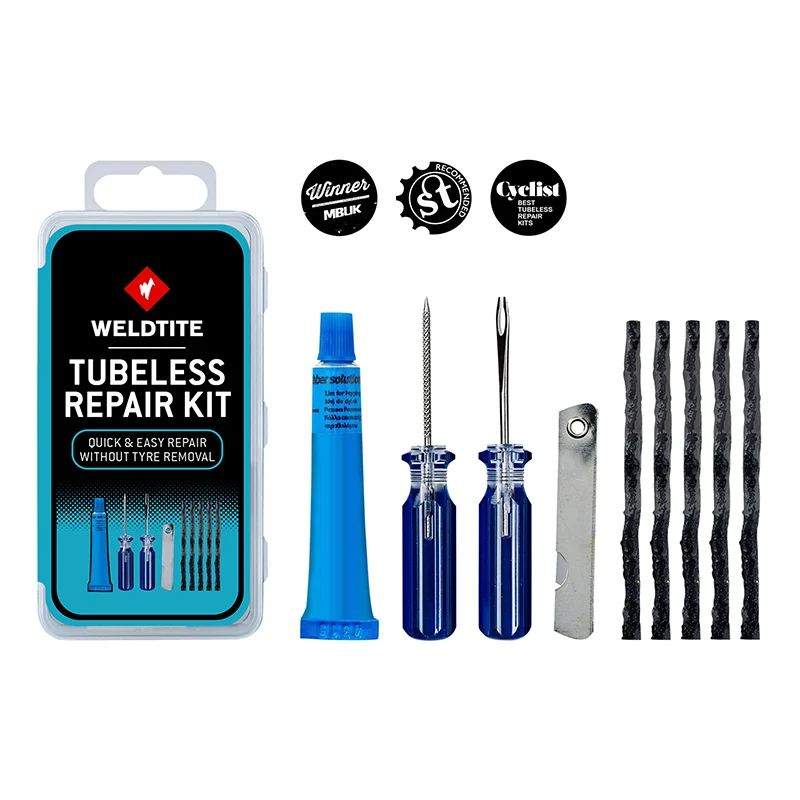 Kit Réparation Pneu Tubeless VTT Weldtite Par L'Extérieur Avec Meches - Boite (Colle 5G + Marqueur + 5 Meches + Lime + Aiguille + Cutter)