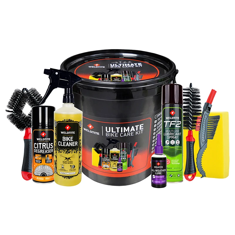 Pack-Kit Bike Care Ultimate Weldtite Entretien (Contient 3 Brosses Cadre-Pneu-Cassette-Chaîne-Nettoyant-Spray Dégraissant-Spay Lubrifiant Tf2 Céramique-Lubrifiant All Weather-Seau-Eponge)