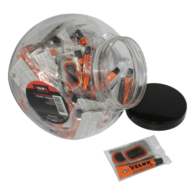Kit Réparation Chambre A Air Velox City-VTC-VTT (6 Patch 25 mm + 1 Patch 34X24 mm + 1 Patch 50X30 mm + Colle 5G + Rape Acier ) Avec Notice (Jarre De 50 Kits)