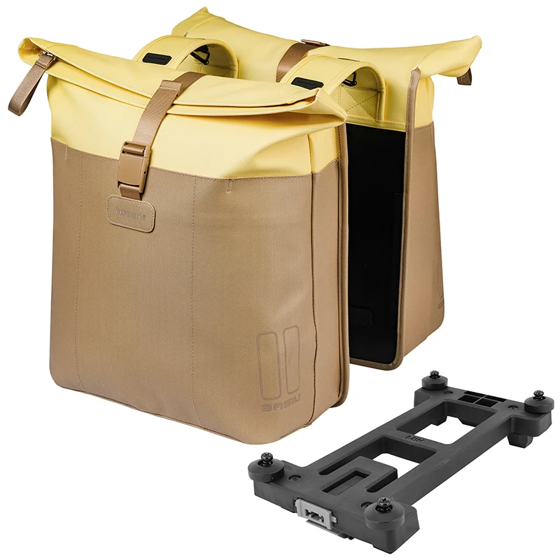 Sacoche Arrière Vélo Double Basil Vive Sable - Jaune 28-35L Fixation Porte Bagage Fixation Systeme Mik (Compatible Avec 211726 Inclus) (30X18X49 cm) Fermeture Pliant Anti-Pluie