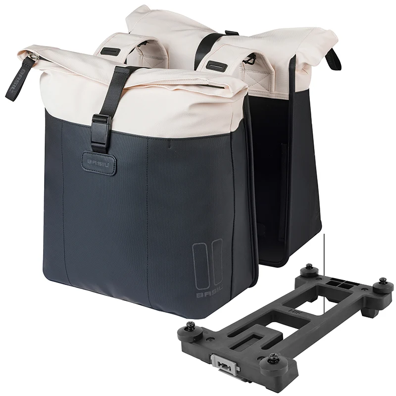 Sacoche Arrière Vélo Double Basil Vive Blanc Casse - Noir 28-35L Fixation Porte Bagage Fixation Systeme Mik (Compatible Avec 211726 Inclus) (30X18X49 cm) Fermeture Pliant Anti-Pluie