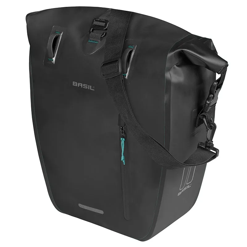 Sacoche Arrière Vélo Laterale Basil Rivo Waterproof 25-31L Noir Fixation Mik Hooks Sur Porte Bagage (43X14X28 cm) Avec Poignée Et Bandouillere Fermeture Enroulement
