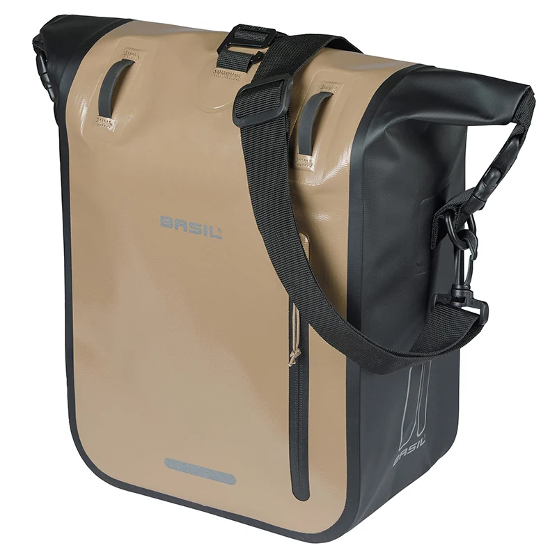 Sacoche Arrière Vélo Laterale Basil Rivo Waterproof 12-15L Sable - Noir Fixation Mik Hooks Sur Porte Bagage (38X14X25 cm) Avec Poignée Et Bandouillere Fermeture Enroulement