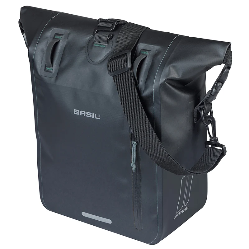 Sacoche Arrière Vélo Laterale Basil Rivo Waterproof 12-15L Noir Fixation Mik Hooks Sur Porte Bagage (38X14X25 cm) Avec Poignée Et Bandouillere Fermeture Enroulement