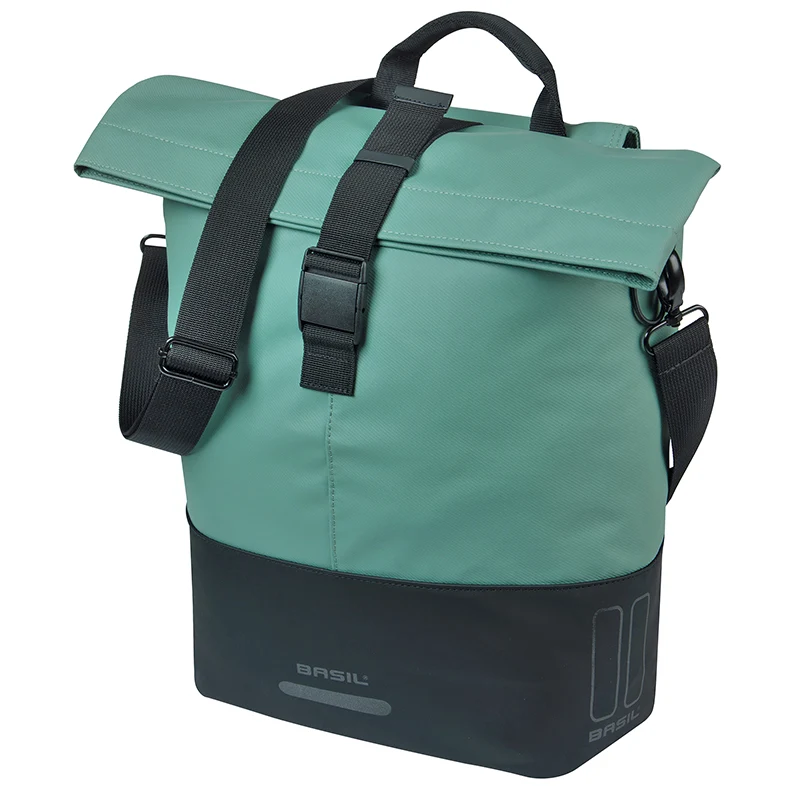 Sacoche Arrière Vélo Laterale Sac Bandouliere Basil Cove Shopper Vert Argente-Noir Droit-Gauche 14-16L Fixation Mik Hooks Porte Bagage (36X14X29 cm) Avec Poignée Fermeture Pliante Impermeable