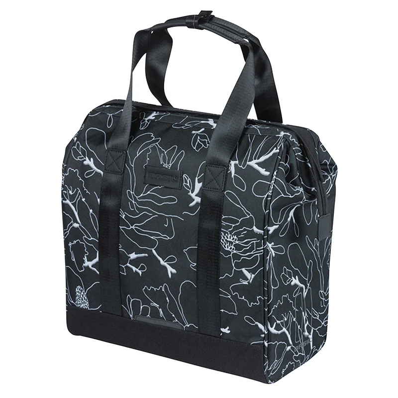 Sacoche Arrière Vélo Laterale Basil Grand Flower Shopper Noir Deco Blanc Droit-Gauche Waterproof 23L Fixation Mik Hooks (35X12X35 cm)