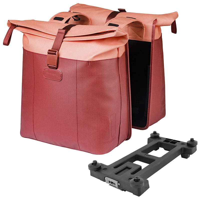 Sacoche Arrière Vélo Double Basil Vive Rouge Bordeaux - Rose 28-35L Fixation Porte Bagage Fixation Systeme Mik (Compatible Avec 211726 Inclus) (30X18X49 cm) Fermeture Pliant Anti-Pluie
