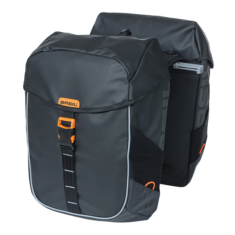 Sacoche Arrière Vélo Double Basil Miles Waterproof 34L Noir-Orange Pour Systeme Mik 2.0 Sur Porte Bagage (Compatible Avec 211726 Inclus) (37X13X25 cm)