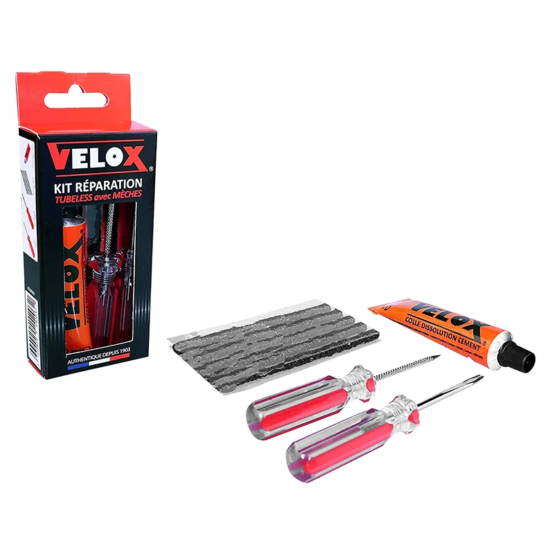 Kit Réparation Pneu Tubeless VTT Velox Par L'Extérieur Avec Meches - Boite (5 Meches D4.5Xl50 mm + Dissolution + Vrille + Outil Aiguille) (Offre Spéciale)