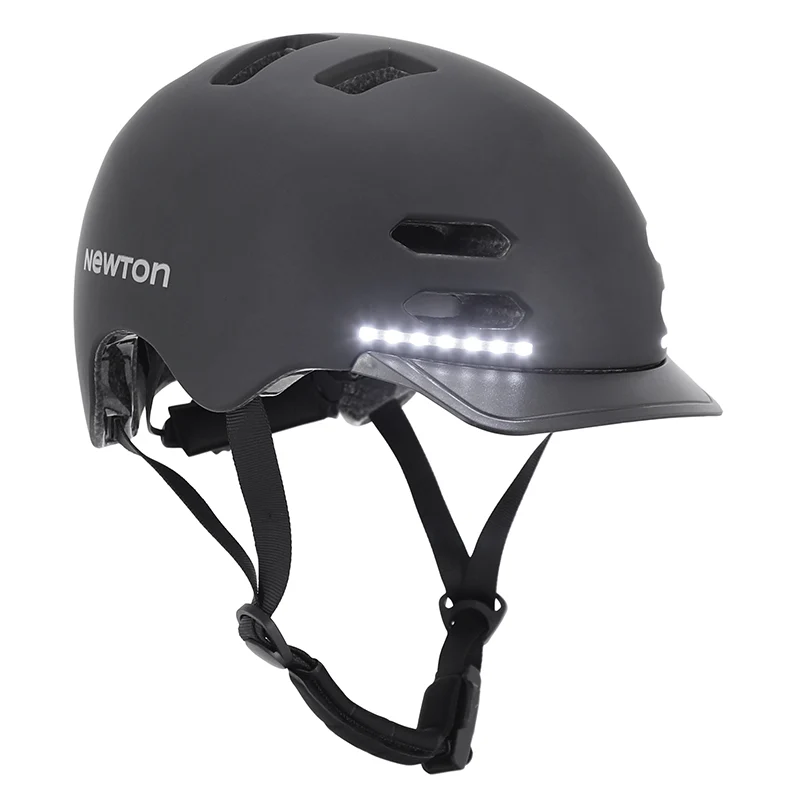 Casque Vélo Adulte Newton Urbain-City V3 Noir Mat In-Mold Avec Visiere Taille 58-61 Avec Systeme Éclairage Avant Arrière Intégré En Usb Boucle Fidlock (Vendu En Boite)