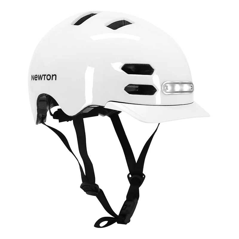 Casque Vélo Adulte Newton Urbain-City V4 Blanc Brillant In-Mold Avec Visiere Taille 55-58 (Vendu En Boite) Éclairage Intégré Discret Boucle Fidlock