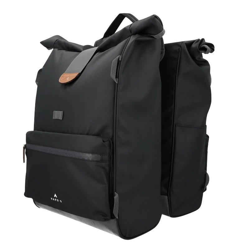 Sacoche Arrière Vélo Double Hapo.G Roll-Top 2X25L Noir (61X33X16 cm) - Fixation Sangles Reglables Et Velcros Sur Porte Bagage