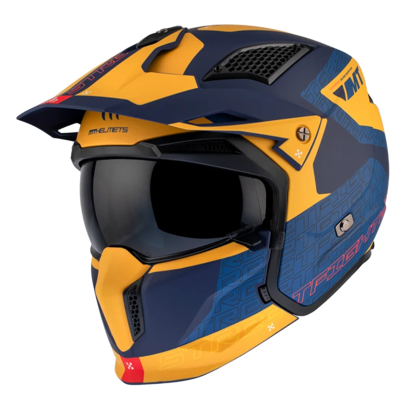 Casque Trial Mt Helmets Streetfighter Sv S Totem C3 Bleu-Jaune Mat XL Simple Ecran Transparent Transformable Avec Mentonniere Amovible (Livre Avec Un Ecran Supplementaire Dark) (Ece 22.06)