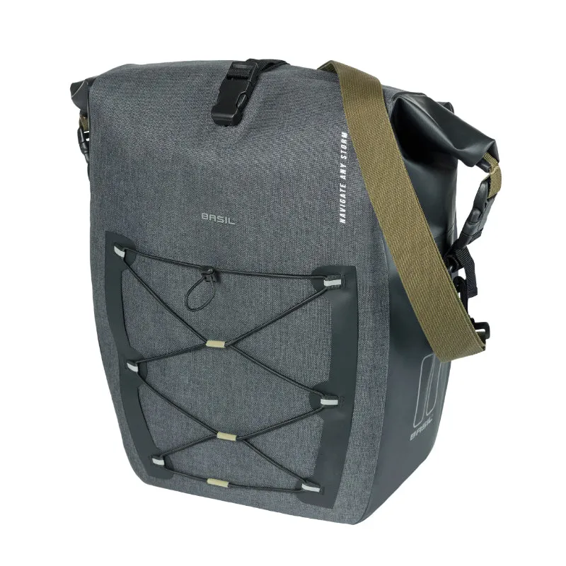 Sacoche Arrière Vélo Laterale Basil Navigator Cyclotouriste Waterproof 25-31L Noir Fixation Mik Studs Sur Porte Bagage (32X15X37 cm) Avec Poignée Et Bandouillere Fermeture Enroulement