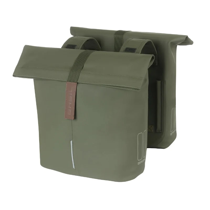 Sacoche Arrière Vélo Double Basil Vegan Vert Imitation Cuir 28-32L Fixation Universelle Porte Bagage Fermeture Pliant Anti-Pluie Avec Reflechissant