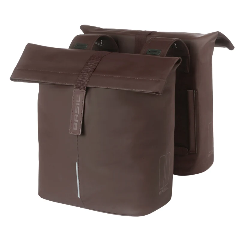 Sacoche Arrière Vélo Double Basil Vegan Marron Imitation Cuir 28-32L Fixation Universelle Porte Bagage Fermeture Pliant Anti-Pluie Avec Reflechissant