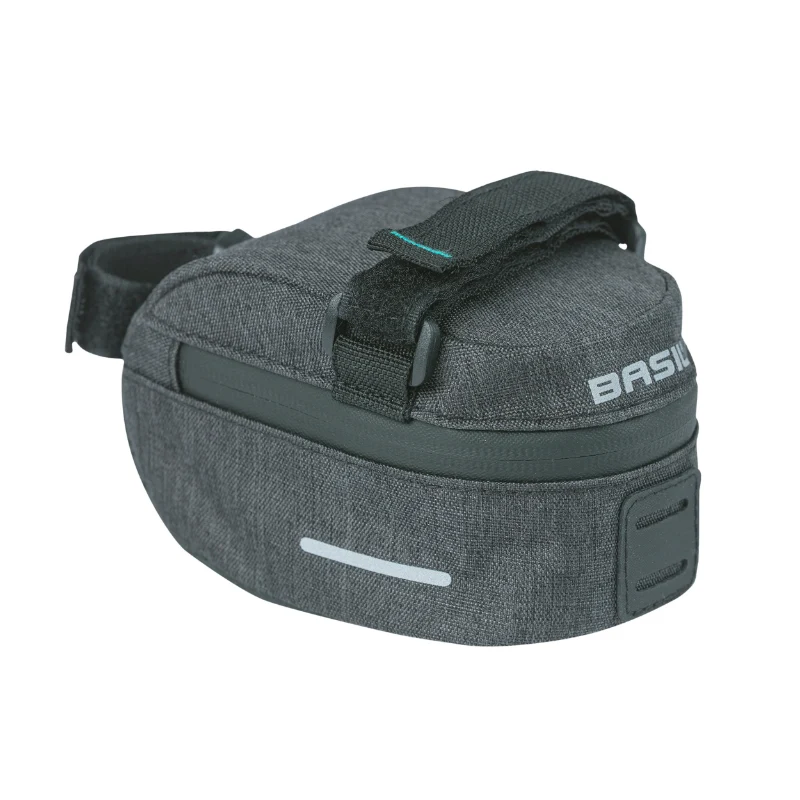 Sacoche De Selle Vélo Basil Discovery 0.5L Gris-Noir Fixation Sangles Sur Chariot De Selle Polyester Impermeable Avec Housse Anti-Pluie