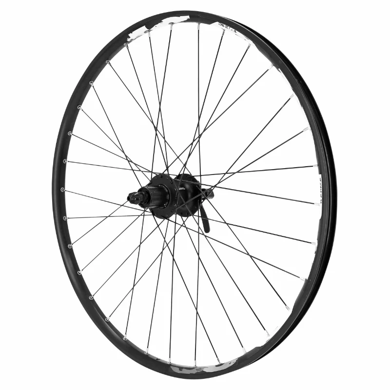 Roue VTT Disque Blocage 26" Karma Arrière Noir Moyeu Shimano M475 Disque 6 Trous Cassette 11-10-9-8V Noir Rayons Noirs 32 Rayons Jante 21C -Poids Max 150Kg-