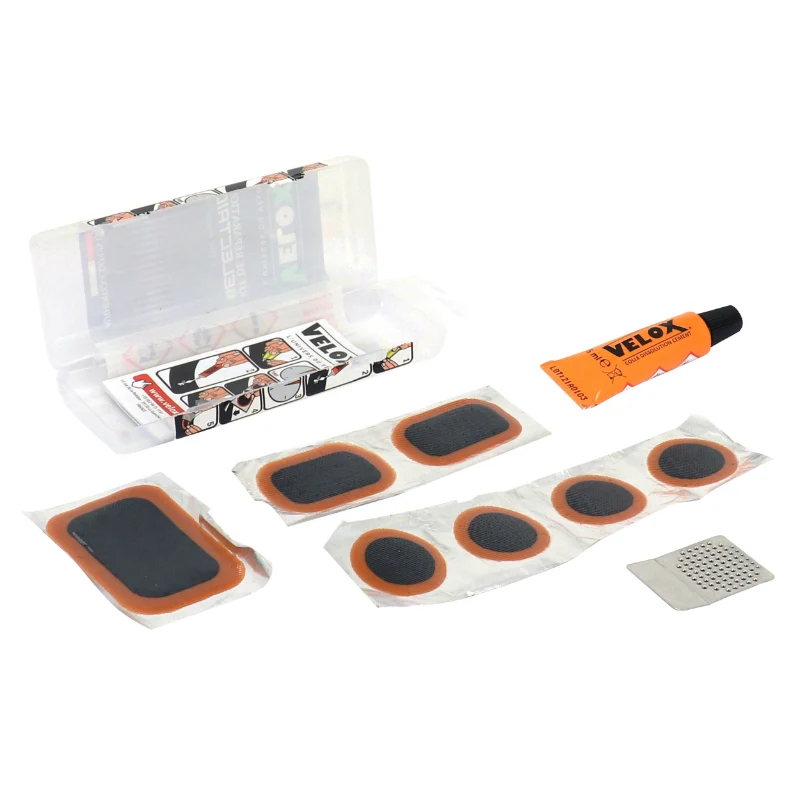 Kit Réparation Chambre A Air Velox Électrique-E-Bike - Boite (6 Patchs 25 mm + 1 Patchs 24-34 mm + 1 Patchs 32-50 mm + Colle 5G + Rape Acier) Avec Notice