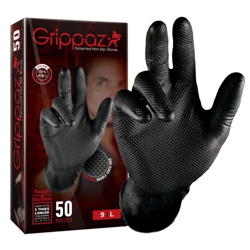 Gants Atelier Nitrile Ecailles De Poisson Resistant Aux Produits Chimiques, Aux Huiles, A L'Essence Noir T9 (L) (Boite De 50)