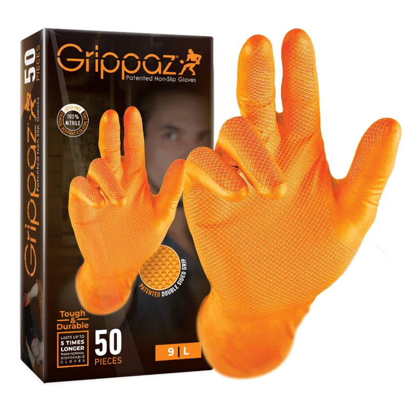 Gants Atelier Nitrile Ecailles De Poisson Resistant Aux Produits Chimiques, Aux Huiles, A L'Essence Orange T10 (XL) (Boite De 50)