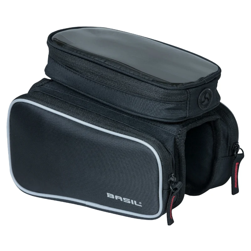 Sacoche De Cadre Vélo Basil Design Noir Fixation Velcro 1.5L Avec 2 Compartiments Lateraux