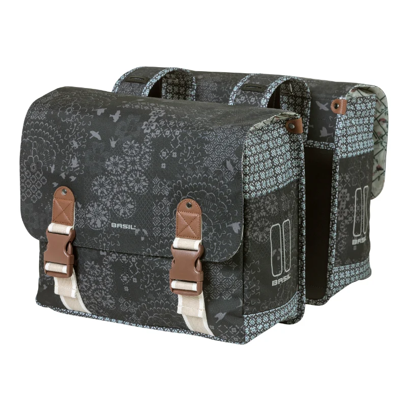 Sacoche Arrière Vélo Double Basil Boheme 35L Noir-Creme Fixation Velcros Sur Porte Bagage (37X15X37 cm)