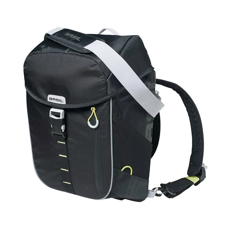 Sacoche Arrière Sac A Dos Vélo Laterale Basil Miles Daypack Droit-Gauche Systeme Fixation Hook-On Waterproof 17L Noir Liseret Jaune Fluo (Bandouliere + Sac A Dos) (31X17X44 cm)