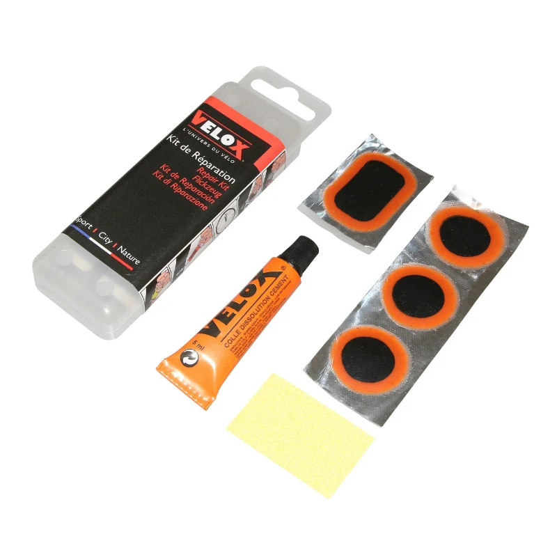 Kit Réparation Chambre A Air Velox VTT Renforcé - Boite (8 Patchs 25 mm + 2 Patchs 35X25 mm + 1 Pacth 50X30 mm + Colle 5G + Rape Acier) Avec Notice