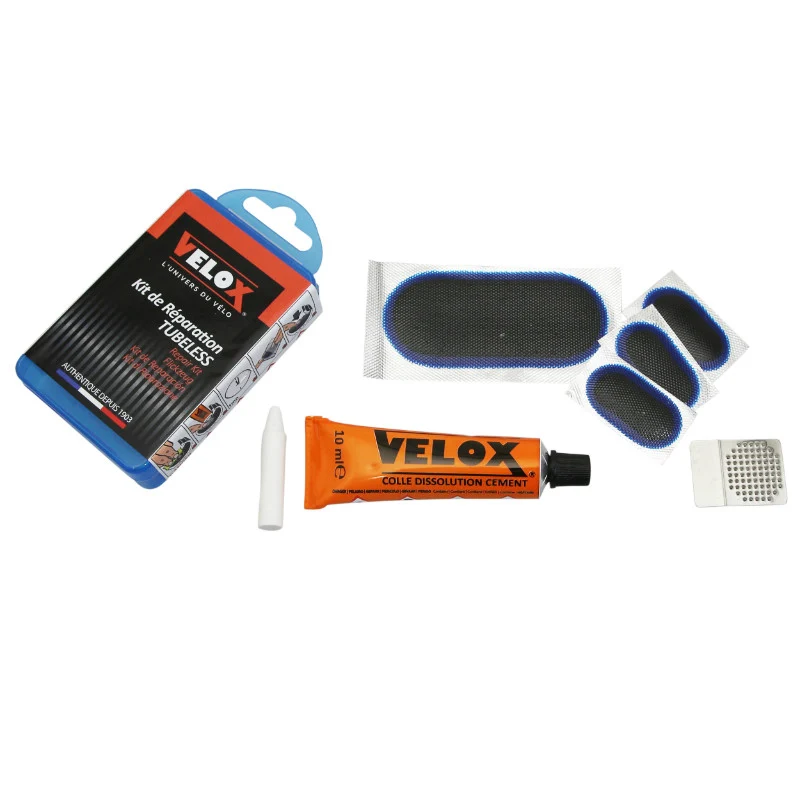 Kit Réparation Pneu Tubeless VTT - Gravel Velox Par L'Intérieur Avec Rustines - Boite (3 Patchs 32X16 mm + 1 Patch 75X35 mm + Colle 10G + Rape Acier) Avec Notice
