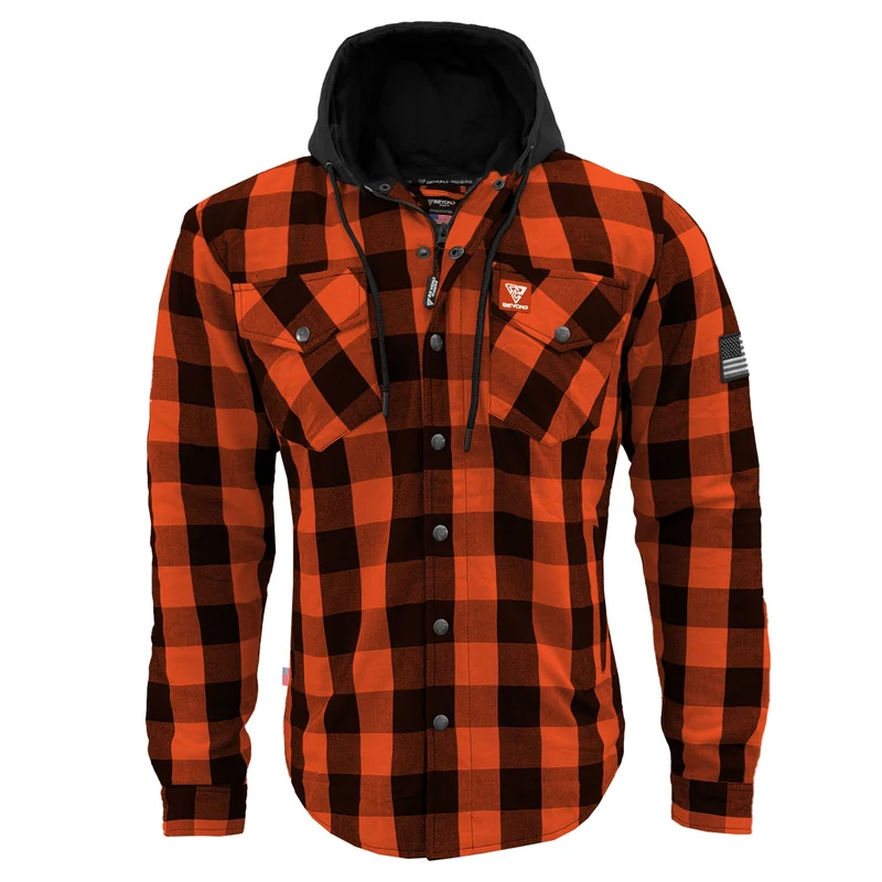 Protective Flannel Hoodie with Pads For Men - Orange and Black Checkered