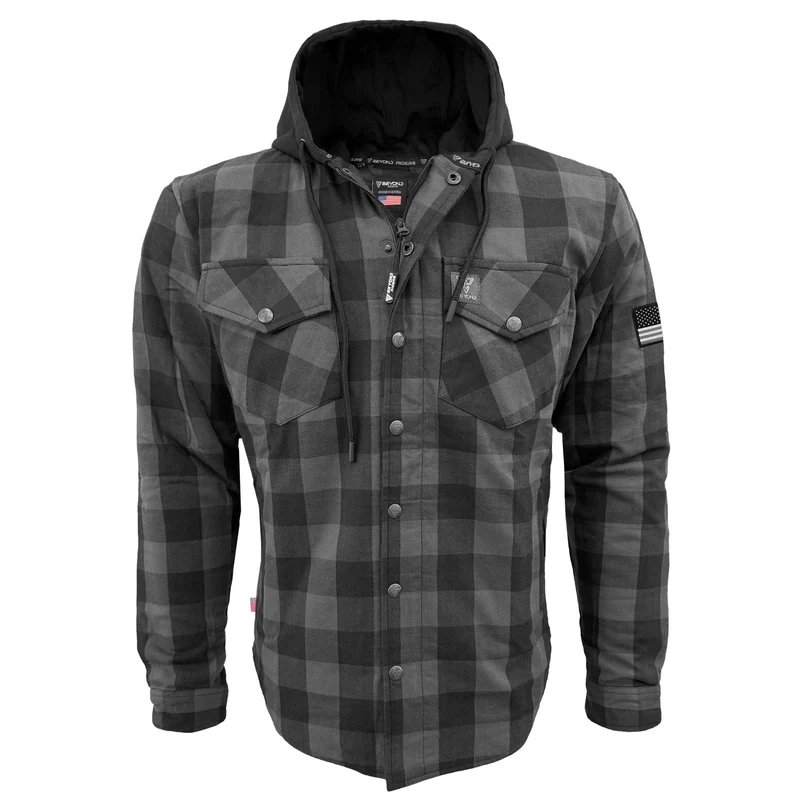 Protective Flannel Hoodie with Pads For Men - Grey and Black Checkered