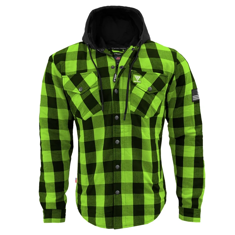 Protective Flannel Hoodie with Pads For Men - Green and Black Checkered