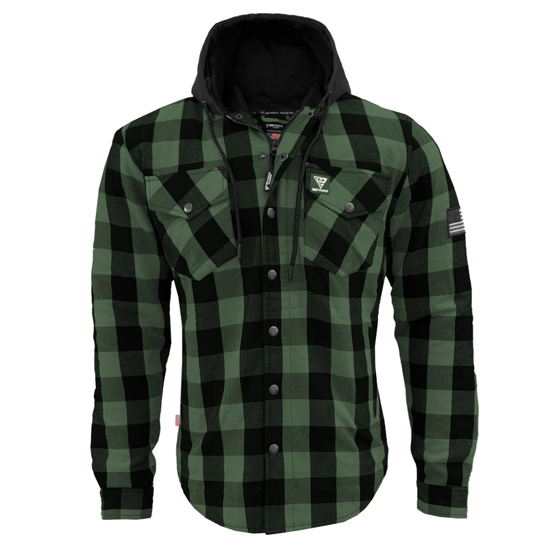 Protective Flannel Hoodie with Pads For Men - Dark Green and Black Checkered