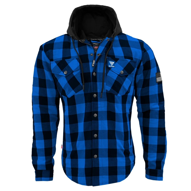 Protective Flannel Hoodie with Pads For Men - Blue and Black Checkered