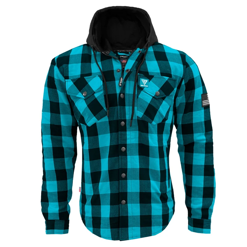 Protective Flannel Hoodie with Pads For Men - Aqua Blue and Black Checkered